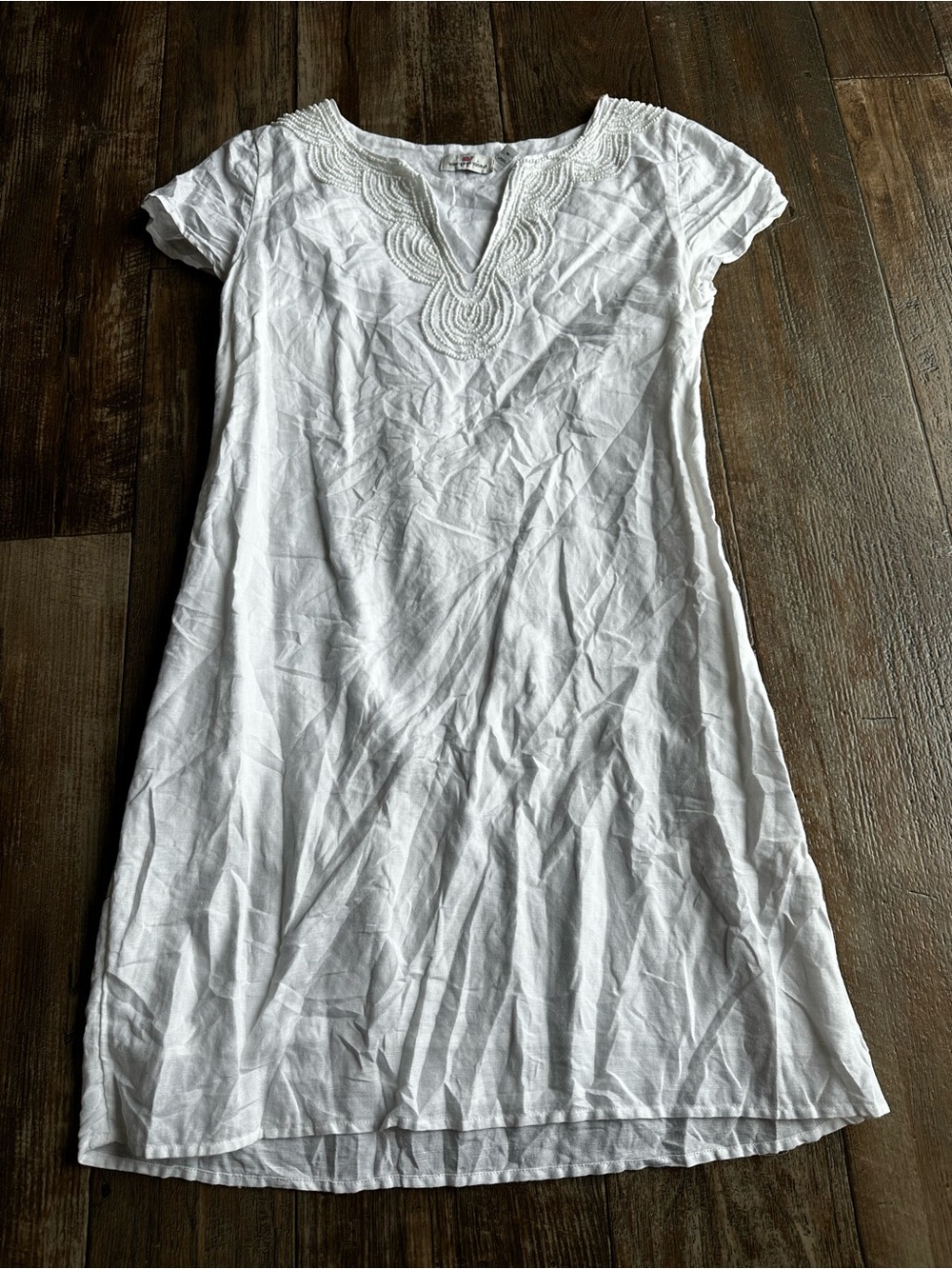 Vineyard Vines Linen Cotton Blend Tunic Dress Beaded V-neck Coastal Beach Sz 4